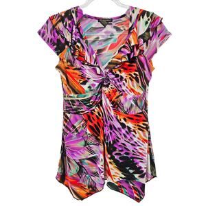 VTG Y2K Multi Floral Print Babydoll Asymmetrical Top Size LG Maximalist Eclectic